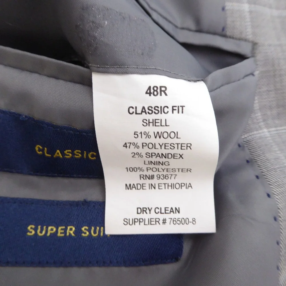 Stafford Mens Suit Jacket Blazer Gray Window Plaid Super Suit 48R Classic Fit